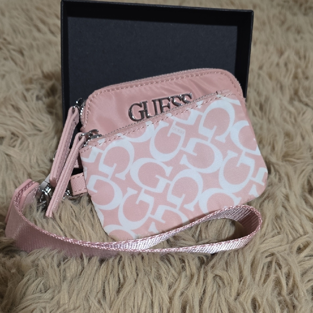 GUESS Pink Logo Wristlet with Dual Zip Pouches